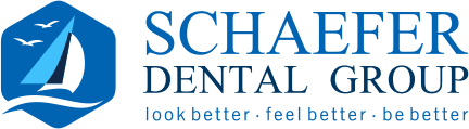 Logo for Schaefer Dental Group. It features a blue hexagon with a white sailboat and two birds, alongside the text SCHAEFER DENTAL GROUP and the tagline look better • feel better • be better.